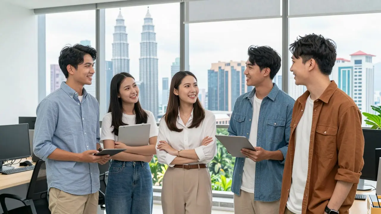Bàn ăn nhiều món Mã Lai, Hoa và Ấn với biển chứng nhận halal nhỏ ở góc quán