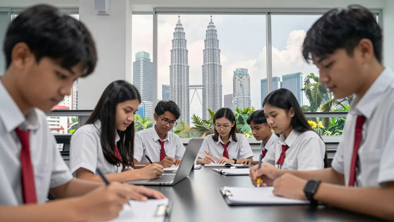 Nhóm sinh viên đa quốc tịch thảo luận bằng tiếng Anh trong thư viện đại học